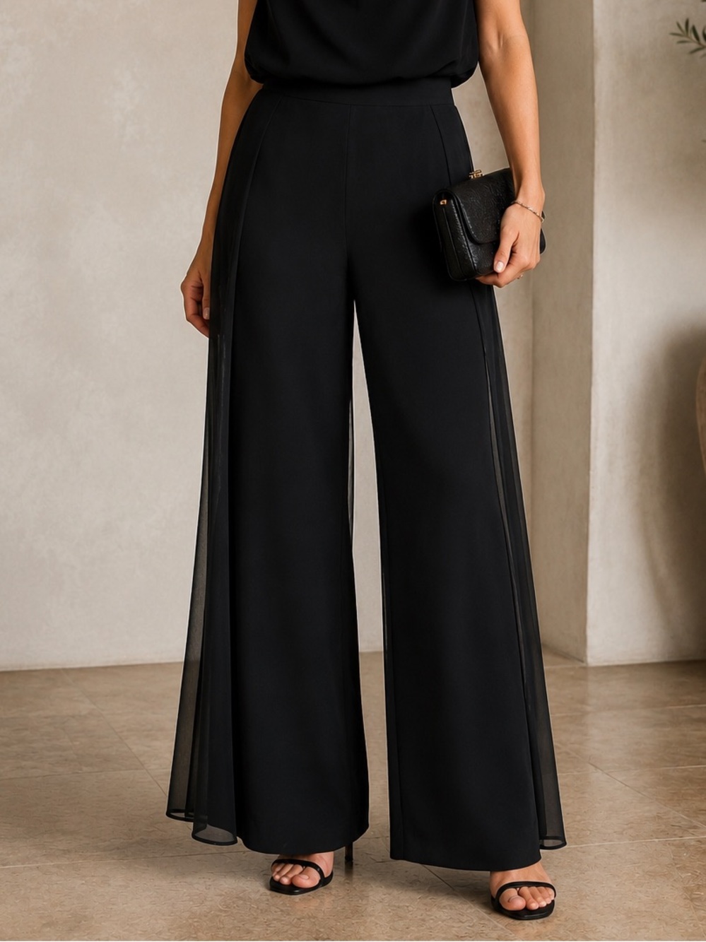 Tadashi Collection |  Wide-Leg Sheer Chiffon Overlay Pants Flowy Evening Formal